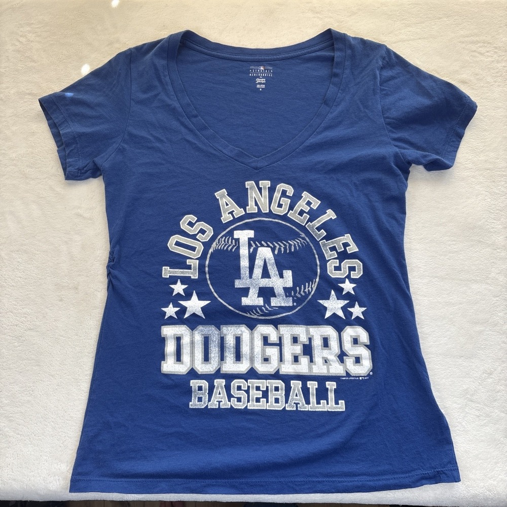 LA Dodgers Women's T-Shirt Medium Blue V-Neck MLB Baseball Graphic Tee